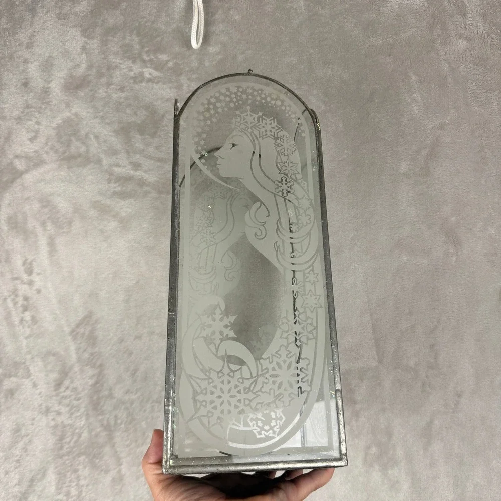 Art Nouveau Etched Stained Glass Winter Snow Queen Lantern Candle Holder‎ 13.5in